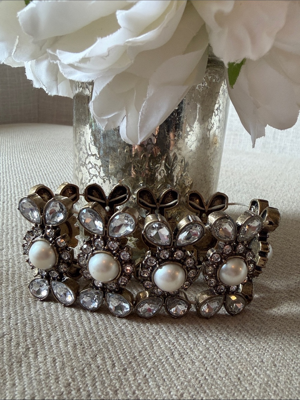 Ann Taylor Loft Pearl & Crystal Stretchy Statement Bracelet - Antique Gold Tone